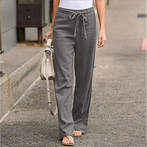 Skpblutn Casual Pants for Women High Waisted Wide Leg Pants Casual Drawstring Elastic Trousers Comfy Straight Leg Long Pants With Pockets