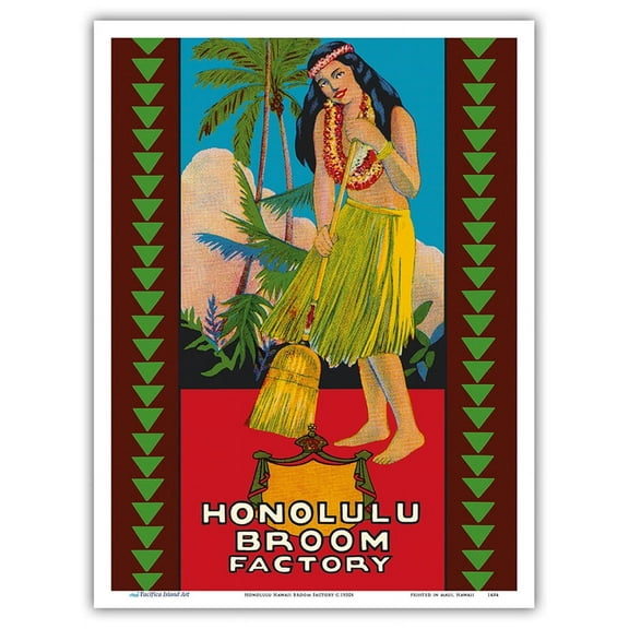 Honolulu Hawaii Broom Factory - Hawaiian Hula Girl - Vintage Advertising Poster c.1950s - Master Art Print (Unframed) 9in x 12in