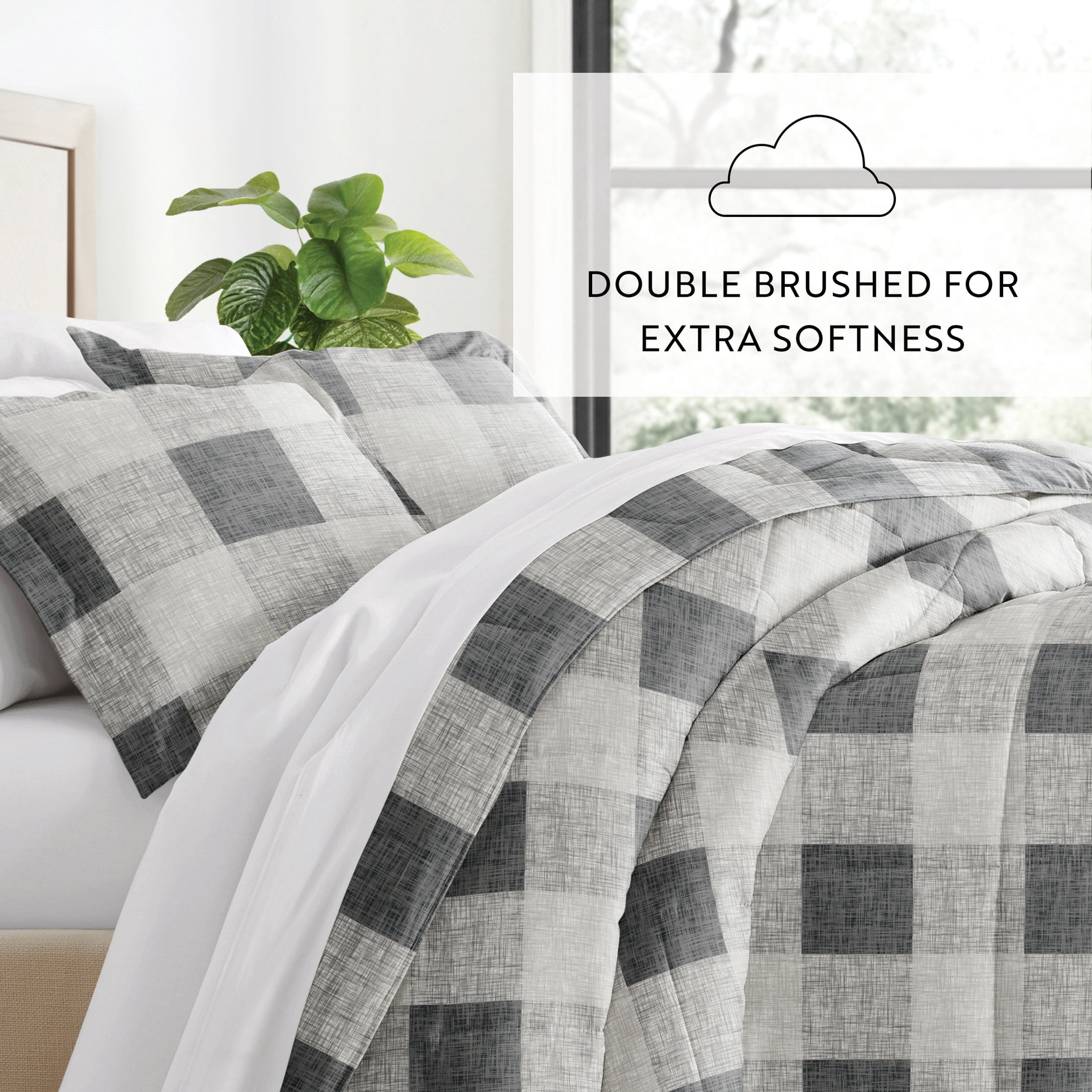 All Season Ultra Soft Comforter Set Down-Alternative Bedding in Gray Plaid Gingham for King/Cal King by Comfort Canopy