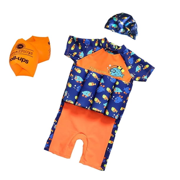 Bañador Flotante ESA Supplies Naranja y Azul con Gorro de Natación y Anillo Hinchable para Niños Peq