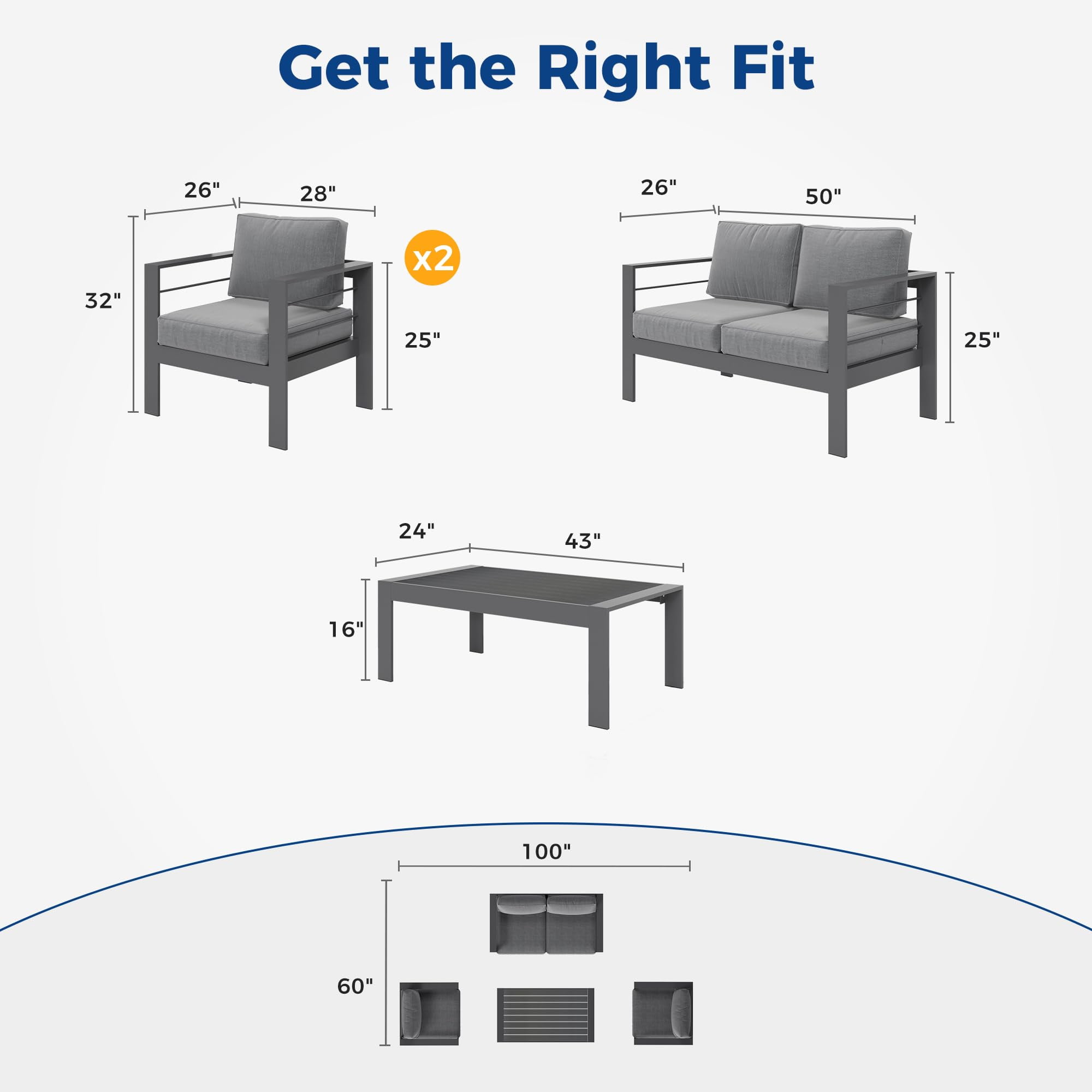 RoyalCraft 4 Piece Aluminum Sectional Outdoor Conversation Sets with Sofa and Table, Grey/Grey