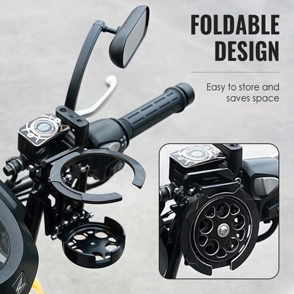Rourlinge Rotating Foldable Motorcycle Cup Holder, Handlebar Water Bottle Holder for Motorcycle Bike E-Bike Scooter, Adjustable Travel Accessory