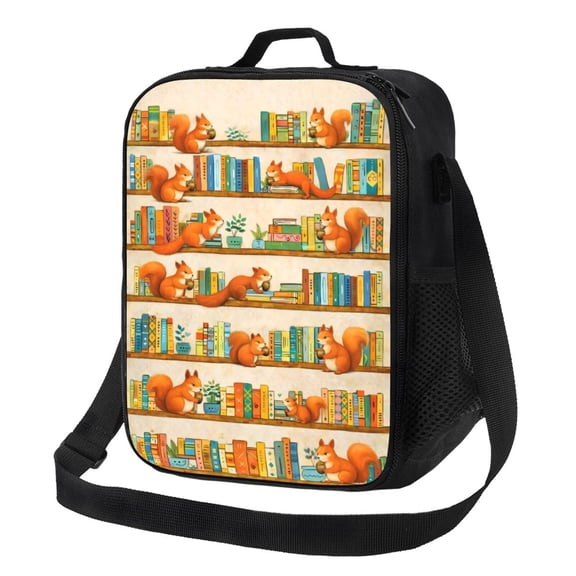 Squirrel Bookshelf Lunch Bag Insulated Thermal Box with Shoulder Strap & Handle for Work and Picnic