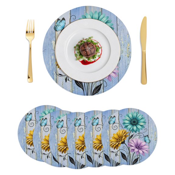 Round Placemats Daisy Flower 15 inch Set of 6 Table Mats for Dining Table Butterfly Blue Rustic Wood Heat Resistant Non-Slip Kitchen & Home Decorative Place Mat Set