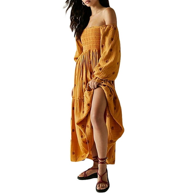 Fortune Robe Bohème pour Femme Décontractée à Manches Bouffantes, Robes Brodées à Fleurs, Robe Midi Fluide à Volants Boho