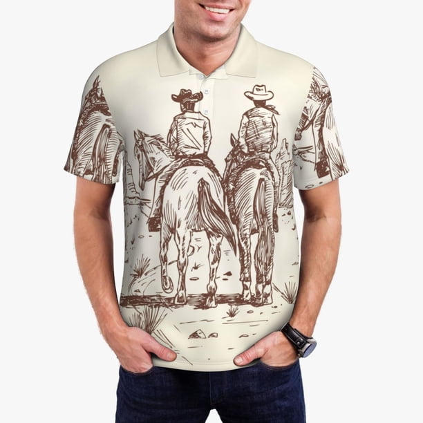 Balery Two Cowboys Riding Horses In The Desert Camisa Polo de Hombre con Estampado, de Manga Corta y Tejido Medio, Camisa Tipo Golf Polo-Small