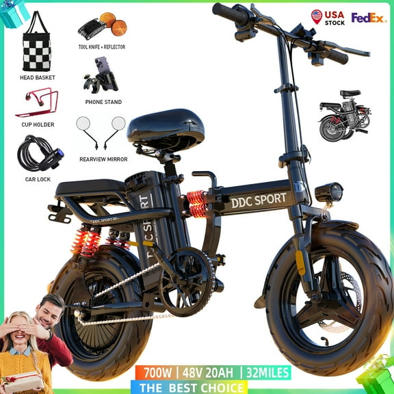 Folding Electric Bike, Electric Bicycle with 48V 20AH Removable Battery, Folding Electric Bike for Adults Teens,14'' Ebike Urban City with 10 Shock Absorptions