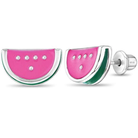 Boucles d'Oreilles pour Enfants / Enfants / Filles en Melon D\'eau à Vis, Émail - Argent Sterling