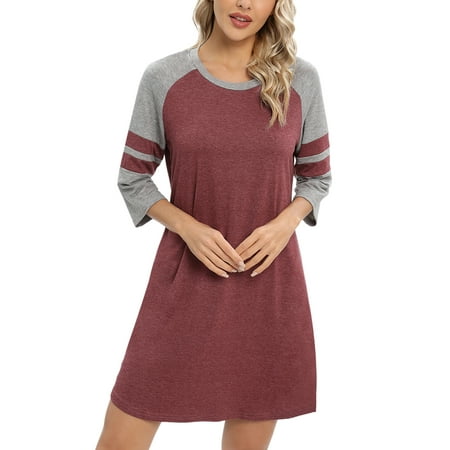 

Women 3/4 Sleeve Sleeve Nightgown Loose Fit Sleepshirt Spring Fall Sunmer Calf-Length Soft House Dress Round Neck Comfy Sleepwear Loungewear Red S-3XL