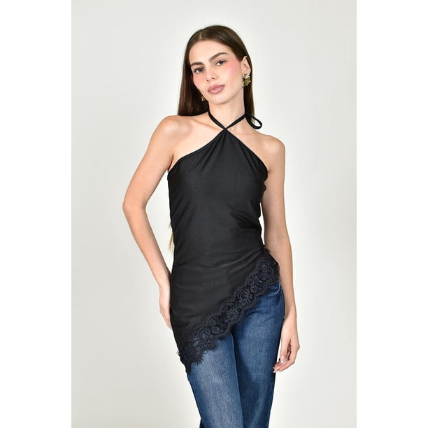 Blusa asimetrica con encaje Roman Fashion /Juvenil 1-343 (Negro) negro M