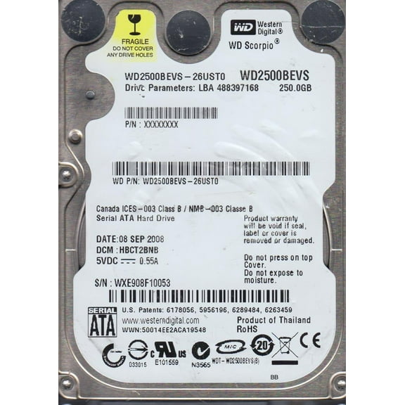 WD2500BEVS-26UST0, DCM HBCT2BNB, Western Digital 250GB SATA 2.5 Hard Drive