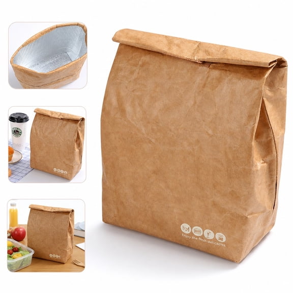 1PC Reusable Kraft Paper Lunch Bag Folding Brown Insulated Food Bag for Work Picnic Travel