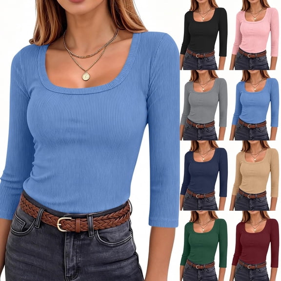 Women's 3/4 Sleeve Scoop Neck Shirts Casual Slim Fit Ribbed Knit Tops Summer Fall Basic Business Work Tee Blue XL(XL)