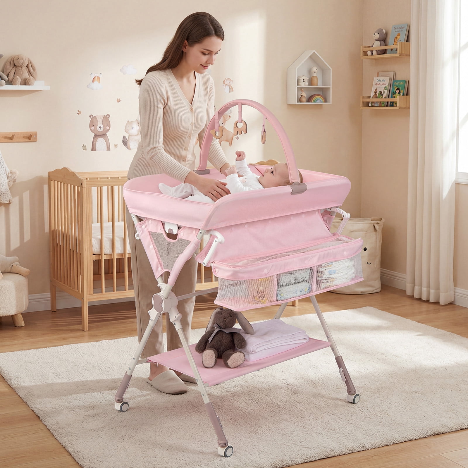 Infans Baby Changing Table w/Storage Bag Shelf Toys Lockable Wheels Adjustable Heights