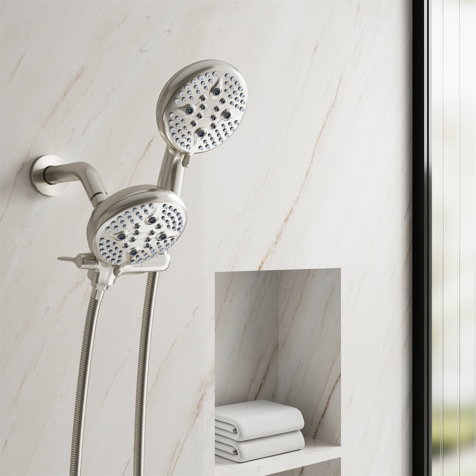 Angeleshome Bathtub Shower Faucet Set with Tub Spout, 3-in-1 Dual Shower Head System with Handheld Spray Combo, 5-Mode, Valve Trim Kit, Brushed Nickel