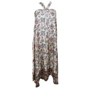 Mogul Womens Beach Cover Up Wrap Skirt Beige Printed Two Layer Reversible Silk Sari Skirts