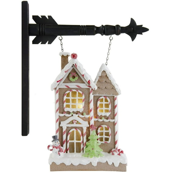 K&K Interiors 13-Inch Glittered Frosted LED Gingerbread House Arrow – Brown Christmas Decoration