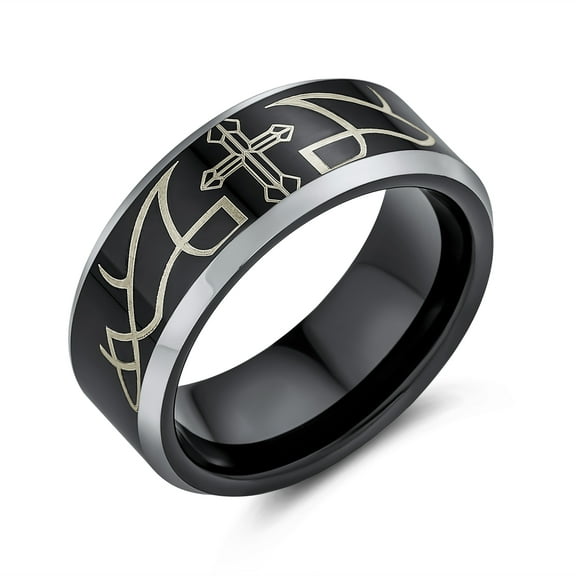 Bling Jewelry Mens Laser Etched Religious Black Christ Thorn Cross Titanium Band Ring Comfort Fit