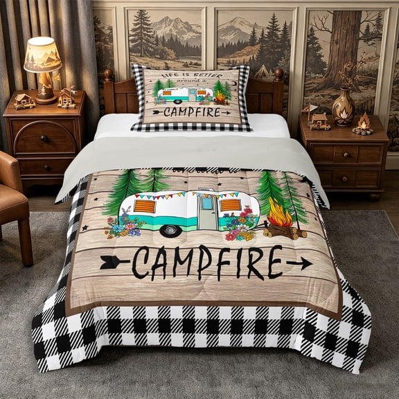 Manfei Cartoon Car Twin Comforter Sets 2pcs,Happy Camping Bedding Set,Beige White,1 Comforter and 1 Pillowcase,Reversible