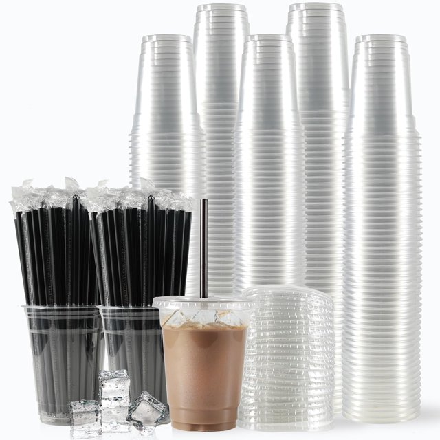 Vasos de plástico WUHUIXOZ 12 oz (360 ml) con tapas y pajitas x200