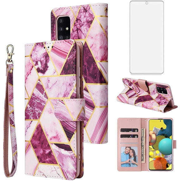 Asuwish Compatible with Samsung Galaxy A51 4G Wallet Case Tempered Glass Screen Protector Flip Card Holder Stand