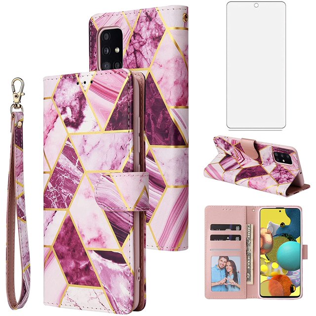 Compatible avec Samsung Galaxy A51 4G Étui Portefeuille Protecteur d'Écran en Verre Trempé Support de Carte à Rabat