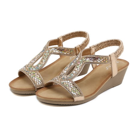 

LEEy-World Women Shoes Summer Wedge Sandals for Women Open Toe Elastic Sparkly Slip On Rhinestone Comfortable Low Wedge Sandal