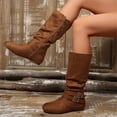 thumbnail image 4 of IEMIEMIEM Women's Low Heel Mid Calf Boots with Side Zipper Buckle Accent Flat Heel Faux Suede Slouchy Outdoor Footwear Casual Non-Slip Fall Winter Boots Brown 7.5 Wide, 4 of 6