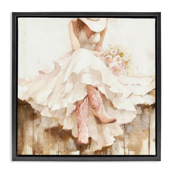 Stupell Industries Rustic Lodge Cowgirl On The Fence Black Floating Frame Canvas Art, 18 x 18, by Tina LeCour