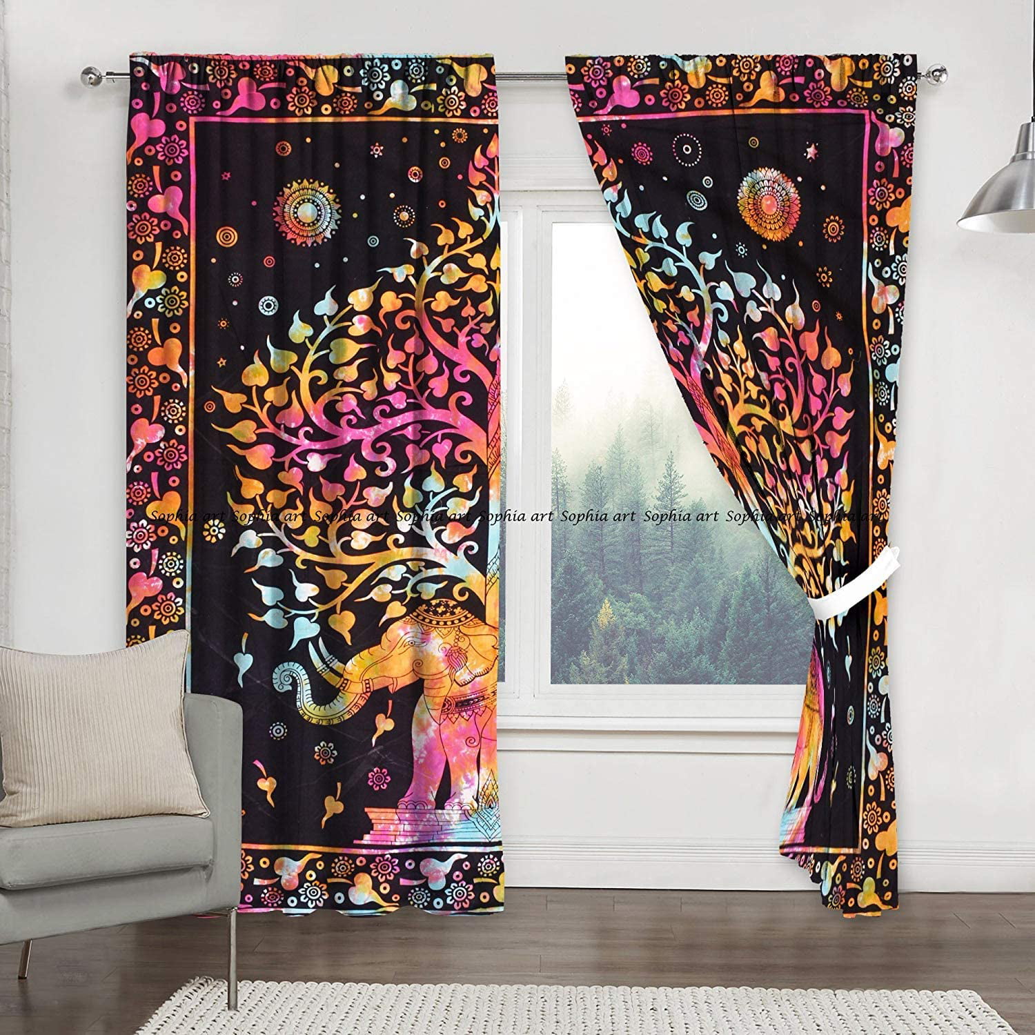 Indian Elephant Mandala Hippie Window Door Cotton Hanging Drape Tapestry Curtain 
