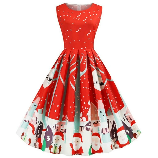 EQWLJWE Long Dress For Women Women Mince Imprimé Dentelle Noël Balançoire Dress Sans Manches Col Rond Dress