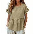 thumbnail image 4 of ClodeEU Women's Round Neck Ruffle Short Sleeve Babydoll Blouse,Casual Loose Peplum Summer Tunic Top Khaki,Women's Plus L, 4 of 7