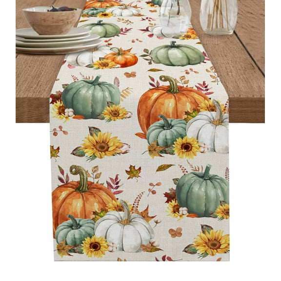 Fall Thanksgiving Burlap-Cotton Table Runner 72 Inches Long,Sage Green Orange Pumpkins Autumn Sunflower Farmhouse Table Runners,Outdoor Dining Tablecloths Decor for Baby Shower Party Wedding 18x72