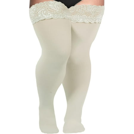 XXTS Plus Size Thigh High Stockings Womens  55D Semi Sheer Silicone Lace Top Stay Up Lingerie Thigh Highs Pantyhose.