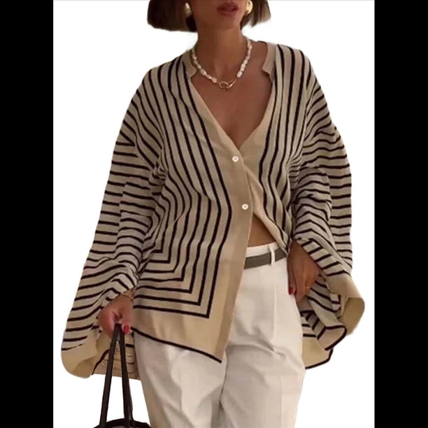 Camisas A Rayas con Botones para Mujer, Blusas Informales, Holgadas, de Larga y con Cuello Alto, Elegantes. Rayas Negras S