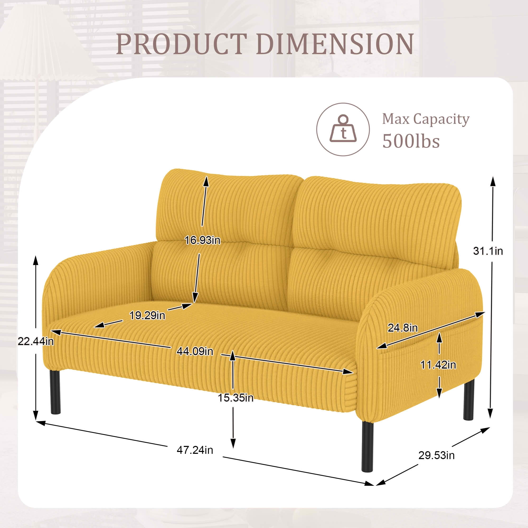 MAYEERTY Corduroy 2-Seater Loveseat, Modern Monochrome Double Sofa with Side Storage Pockets & Sturdy Wood Frame for Home Office