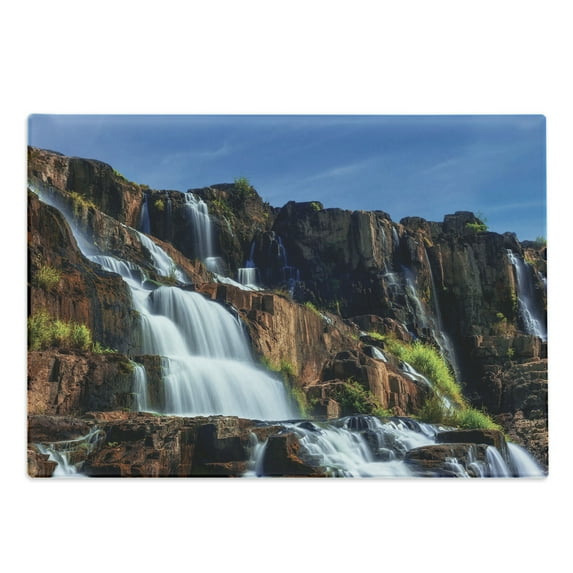 Rainforest Cutting Board, Pongour Waterfall Exotic Natural Beauty Landscape Mountain Rocks Print, Decorative Tempered Glass Cutting and Serving Board, Large Size, White Blue, by Ambesonne