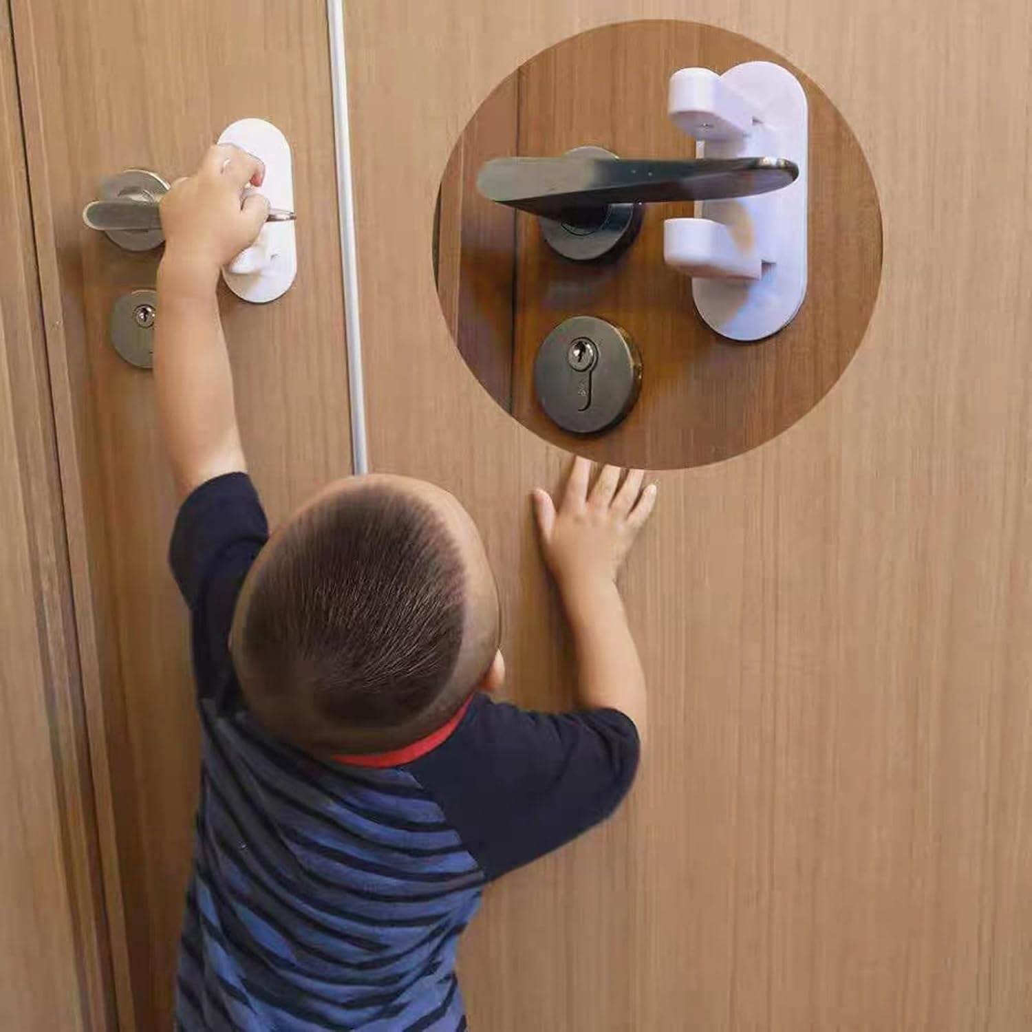 4 Pack Door Lever Safety Locks, Safety Door Handle Lock for Child, No Drill Self-Adhesive Door Handle Locks for Child-Proof & Pet-Proof for Bedroom Kitchen, White