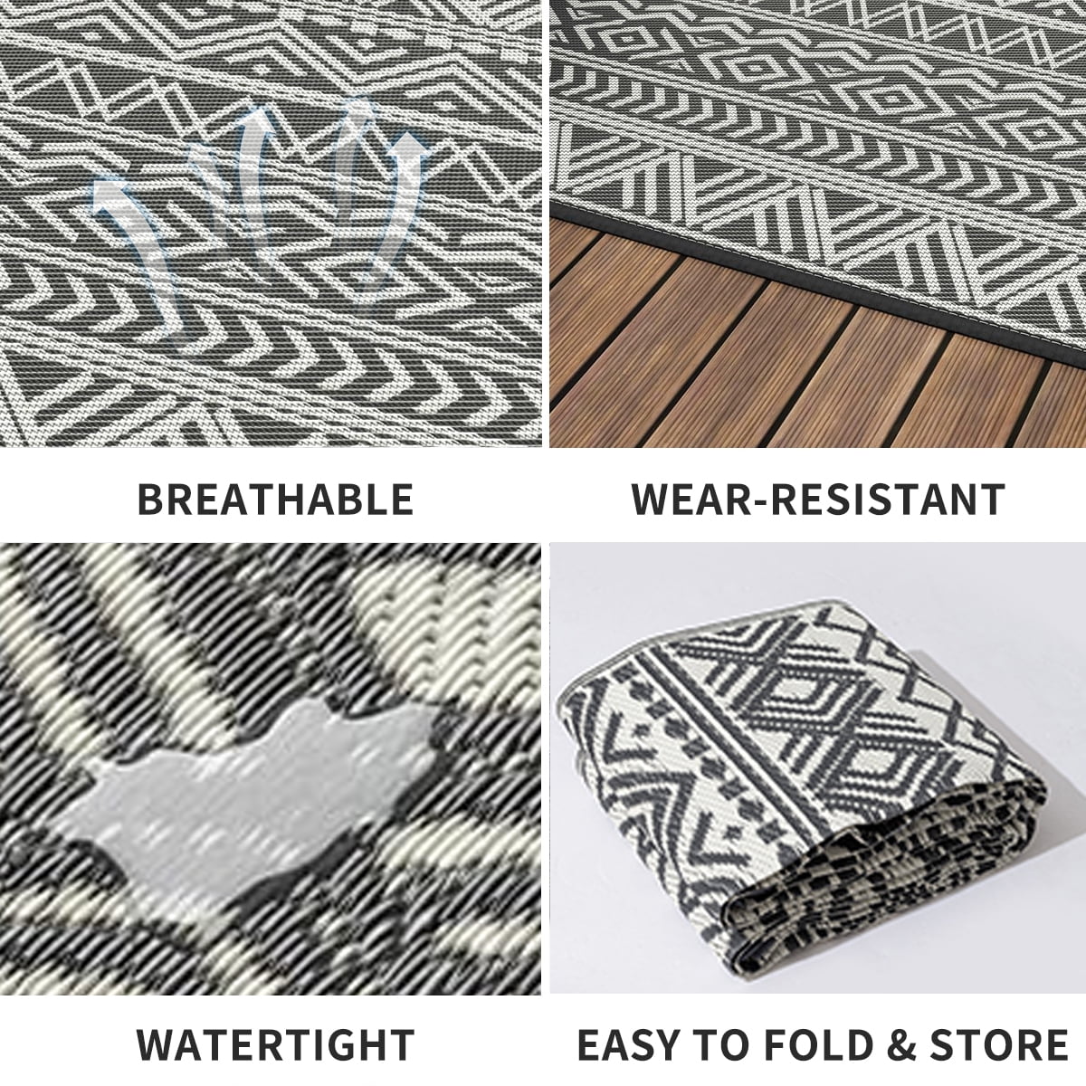Kzaei Waterproof Outdoor Rug, 9'x12' Reversible Plastic Camping Area Rugs, Gray & White