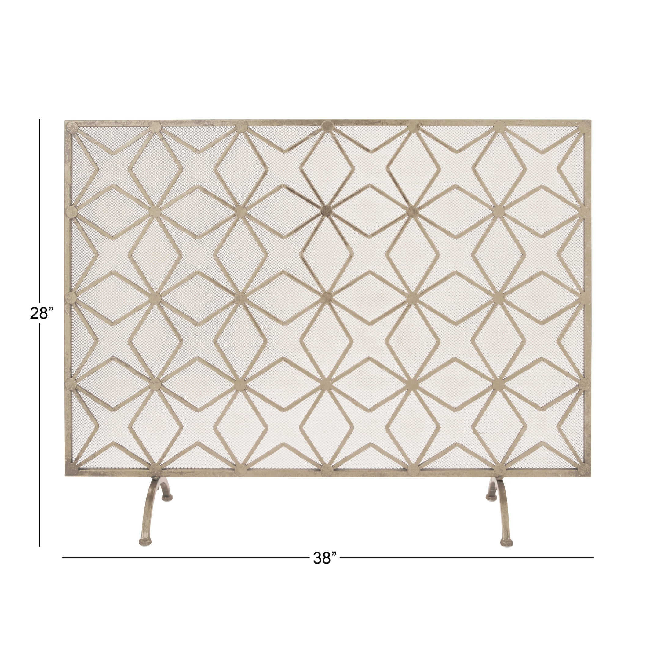 DecMode 38" x 28" Gold Metal Star Patterned Single Panel Geometric Fireplace Screen with Mesh Netting, 1-Piece
