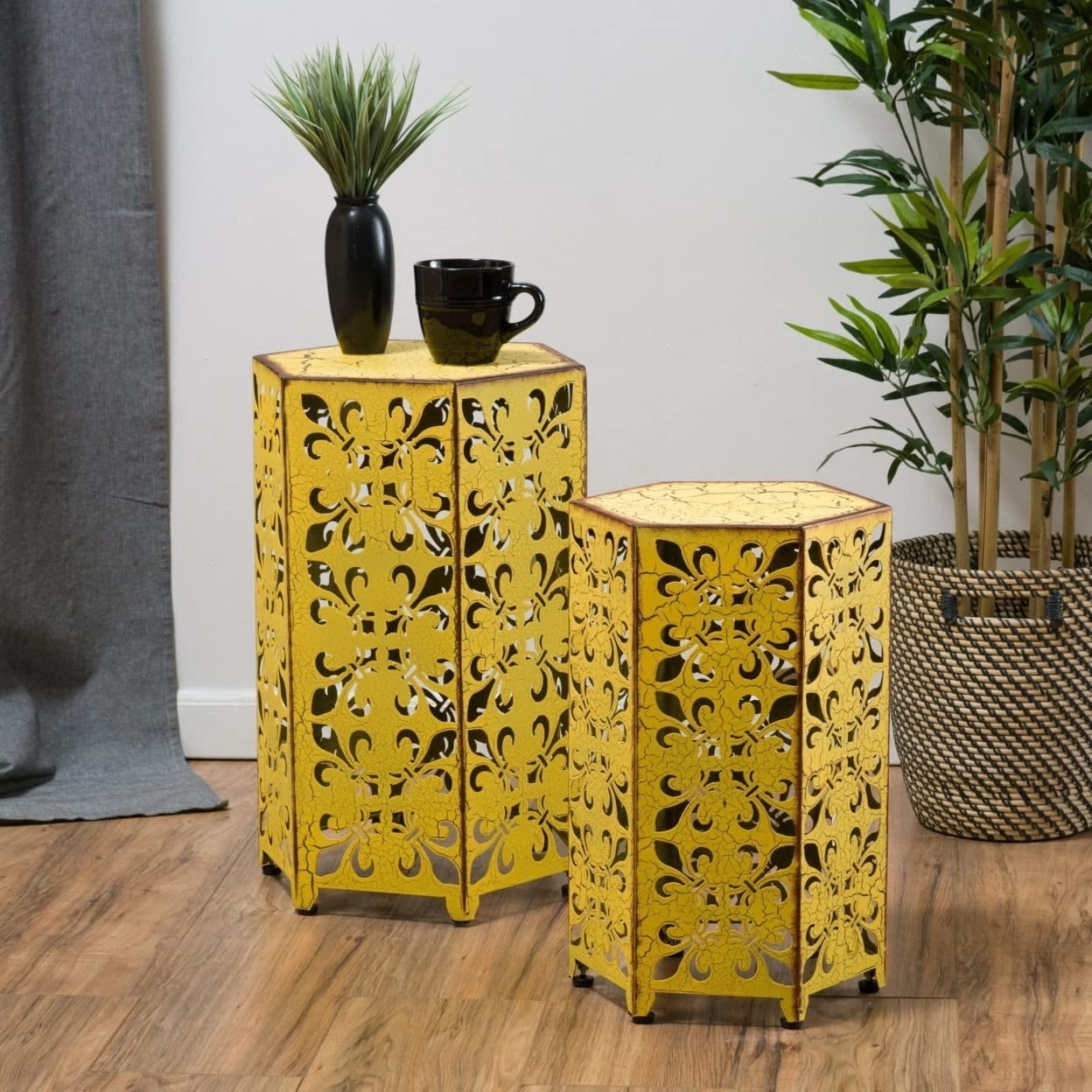 YIGOU Parrish Iron Accent Tables, 2Pcs Set, Antique Yellow
