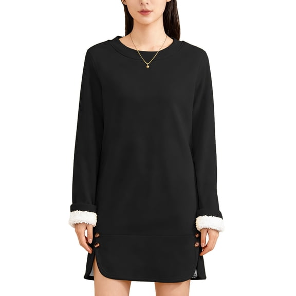 Women's Fleece Lined Crewneck Sweatshirt, Longline Plush Pullover with Side Slits, Cozy Loungewear Top for Fall Winter, Comfortable Casual Wearfor Home Relaxation and Outdoor Activities Black L