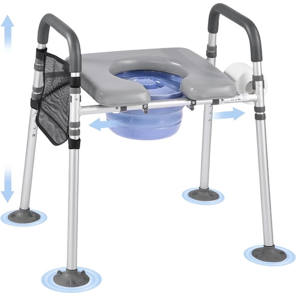 Bedside Commode Chair, 500 lbs Capacity, 4-in-1 Portable Toilet and Raised Toilet Seat with Padded Seat & Armrest, Detachable 5L Bucket, Adjustable Height & Width Adult Potty Chair for Seniors