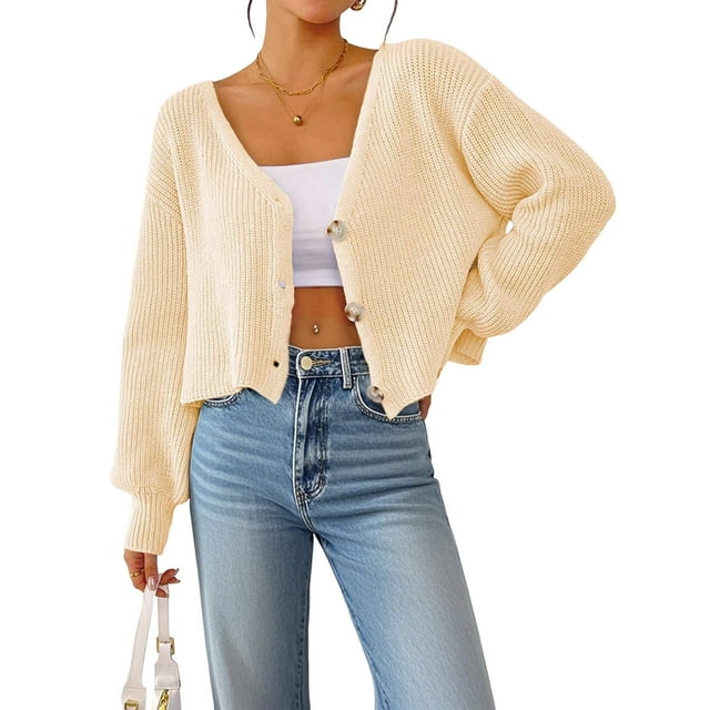Women'S Long Sleeve V-Neck Button Down Rib Knit Cropped Cardigan Sweater Apricot L