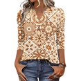 thumbnail image 2 of Domzest 3/4 Sleeve Shirts for Women V Neck Pleated Boho Floral Print Tunic Top Loose Fit Button Down Blouse Coffee M, 2 of 6