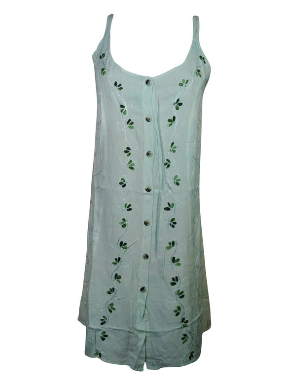 Mogul Womens Shift Dress Floral Embroidered Button Front Blue Tank Dresses L
