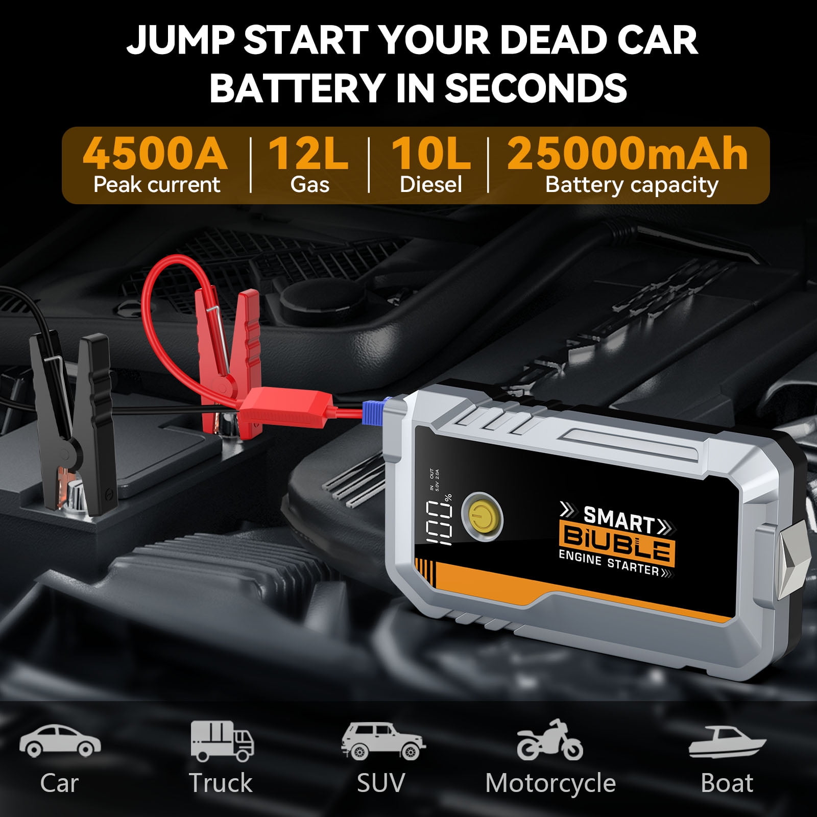 BIUBLE 4500A  Car Jump Starter with LED Flashlight, 12V Battery Booster Charger For Gas And Diesel Engines