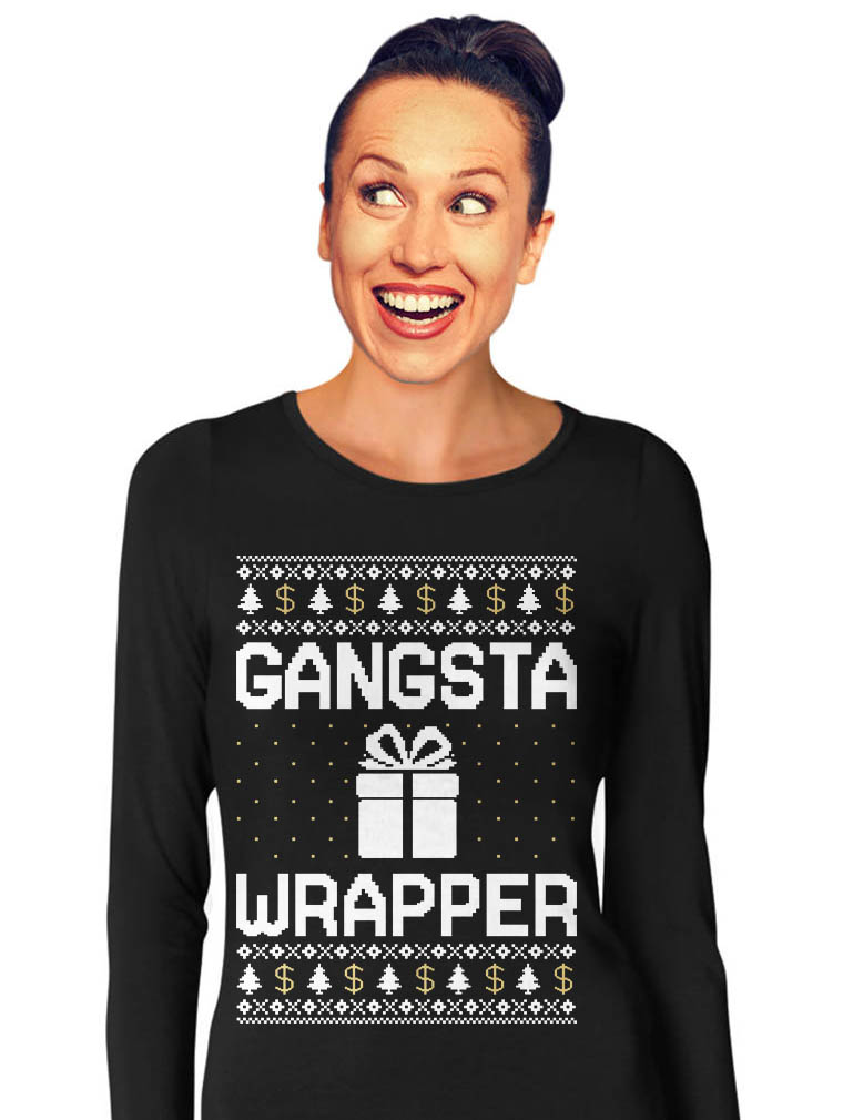 Tstars Womens Ugly Christmas Sweater Gangsta Wrapper Christmas Gift Funny Humor Holiday Shirts Xmas Party Christmas Gifts for Her Women Long Sleeve T Shirt Ugly Xmas Sweater - image 2 of 5