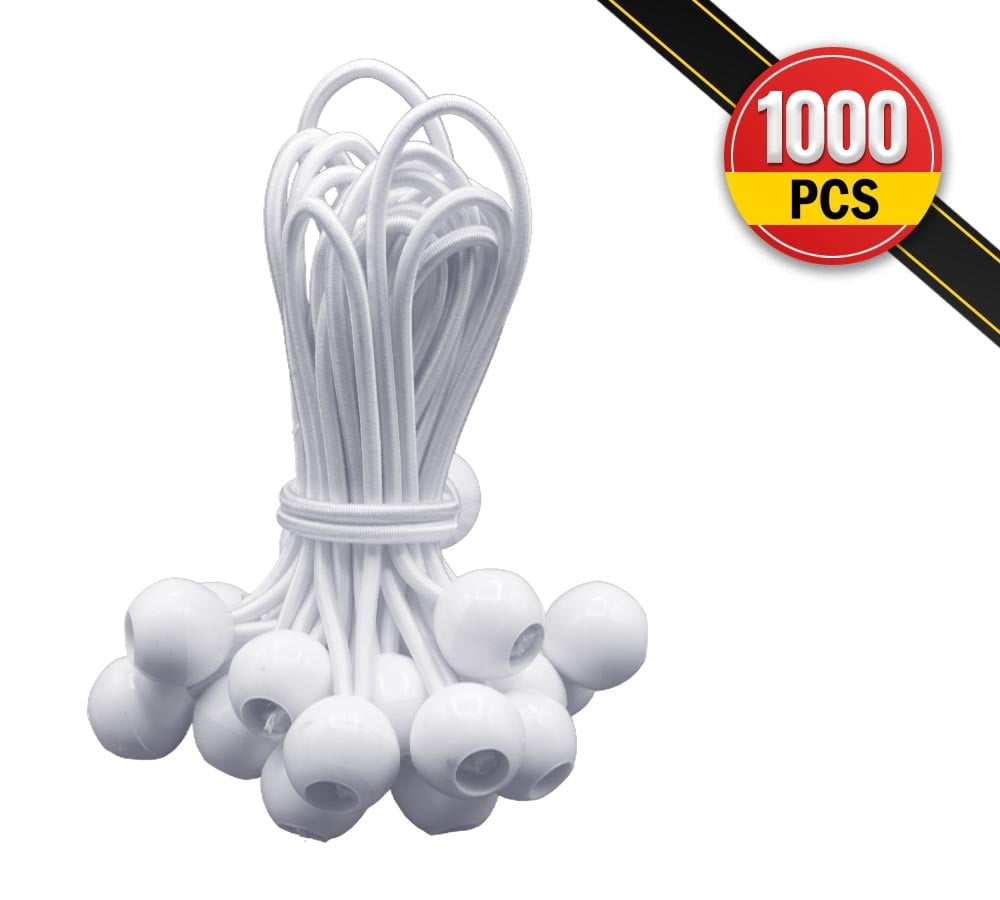 (1000 Pcs) 9" White Ball Bungee Cords for Tarp Tie Down - Heavy Duty Canopy Bungee Loop Cords w/Balls for Camping, Shelter, Cargo, Tent Poles (5 MM Thick)