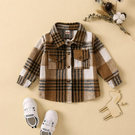 

6M-5T Toddler Baby Boys Girls Plaid Flannel Shirts Jackets Esho Kids Long Sleeve Button Down Lapel Shirts Tops Outwear